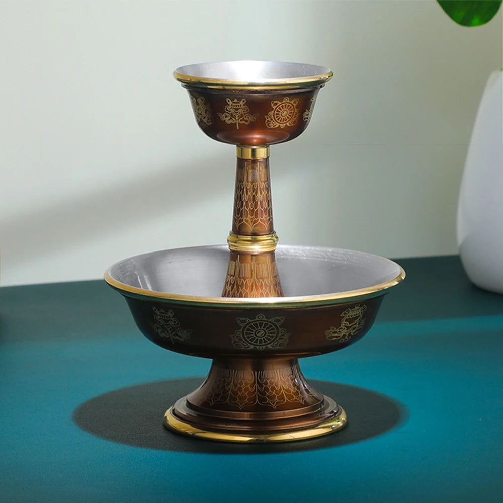 Pure copper Tibetan Tribute guardian cup, Eight-auspicious carved 2-layer Buddhism Holy water cup, Buddhist ornaments, 1 set