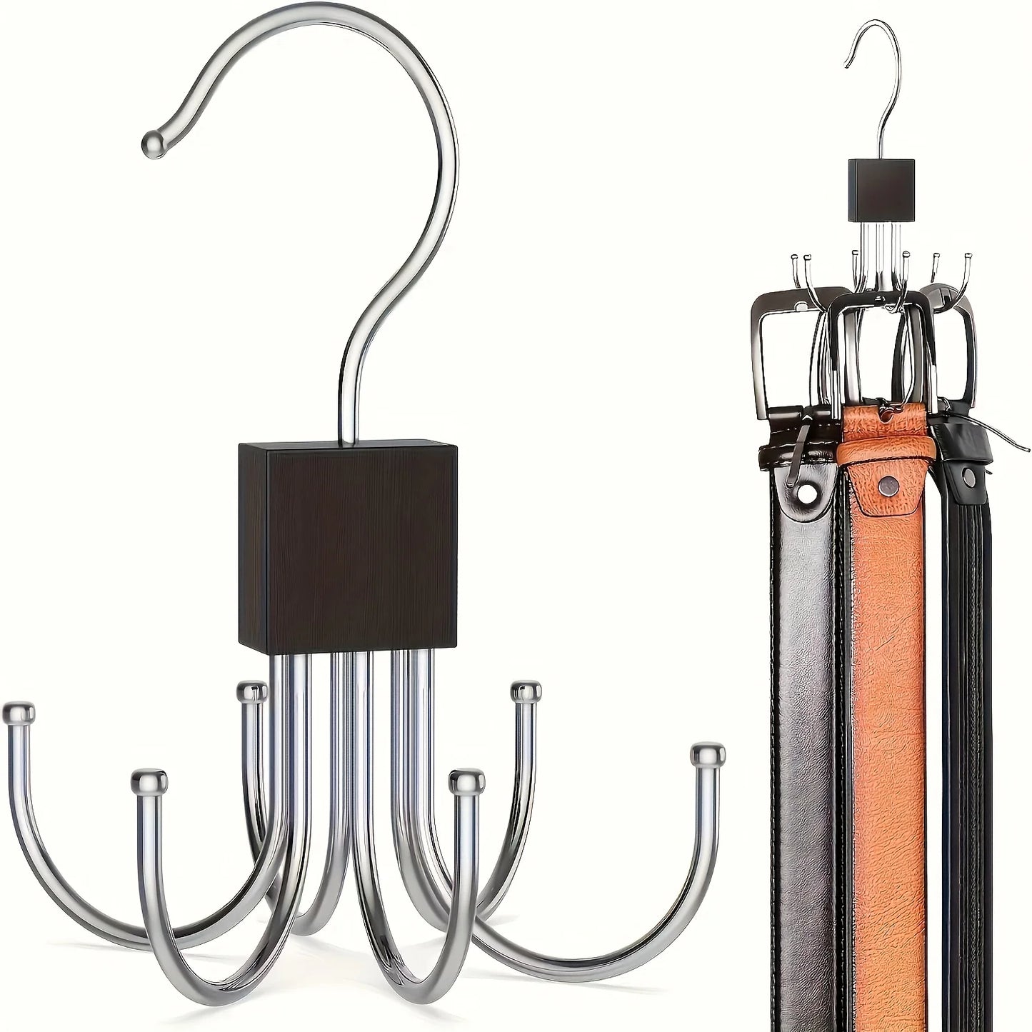 Rotating Wooden Metal Belt Hanger Multi-Functional Closet Organizer for Belts Bras Ties and Scarves with Stainless Steel Hooks