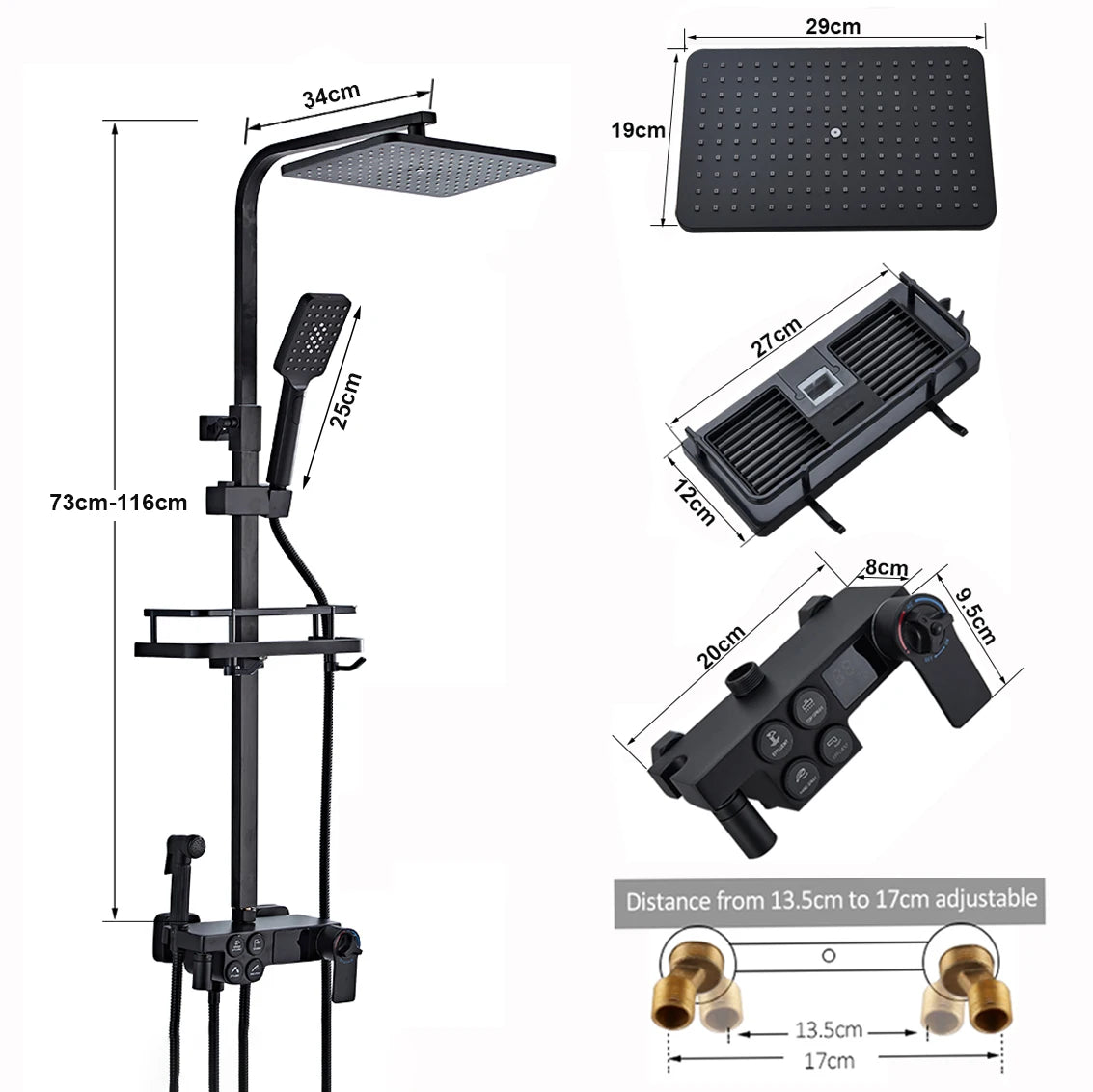 Black Display Thermostatic Shower Faucet Set Rainfall Bathtub Tap With Bathroom Shelf Water Flow Produces Electricity
