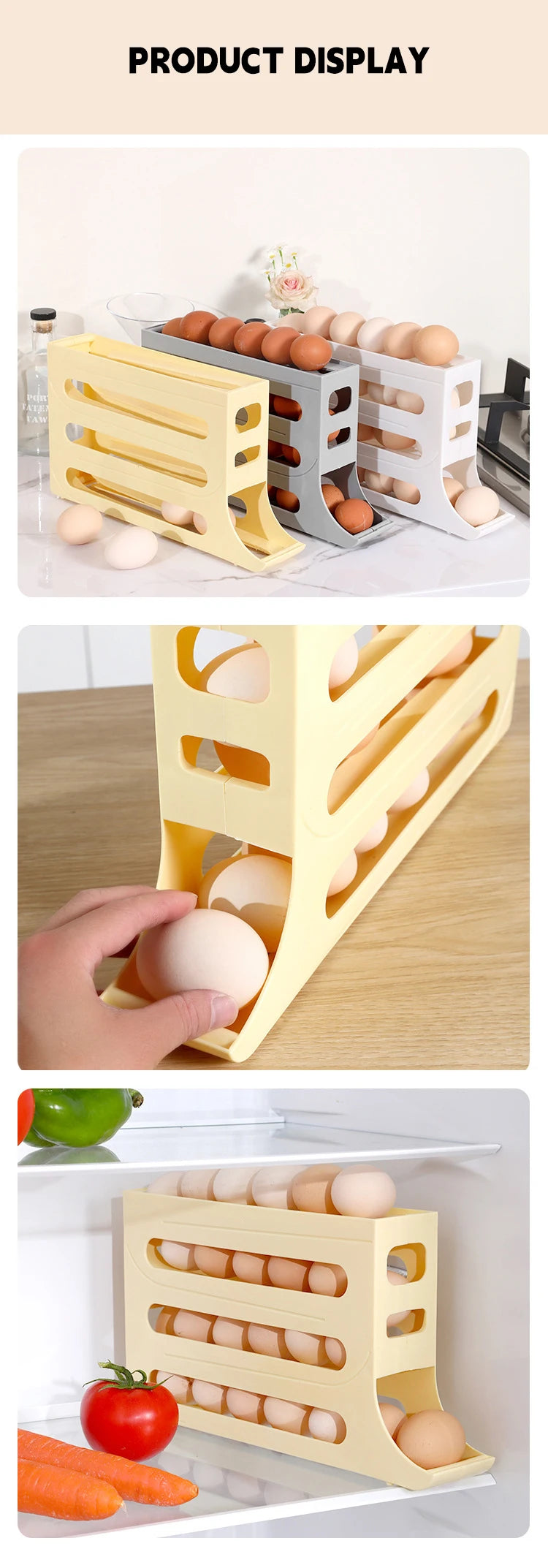 NASAN Egg Holder Egg Dispenser Auto Rolling Egg Tray Storage Organizer Space-Saving Egg Roller Rack 4 Tier Rolling Egg Holders