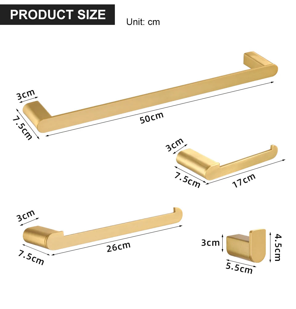 Brushed Gold  Bathroom Accessories Sets 4 Wall Mounted Towel Bar Robe Hooks Toilet Paper Roll Holder Stainless Steel Hardware
