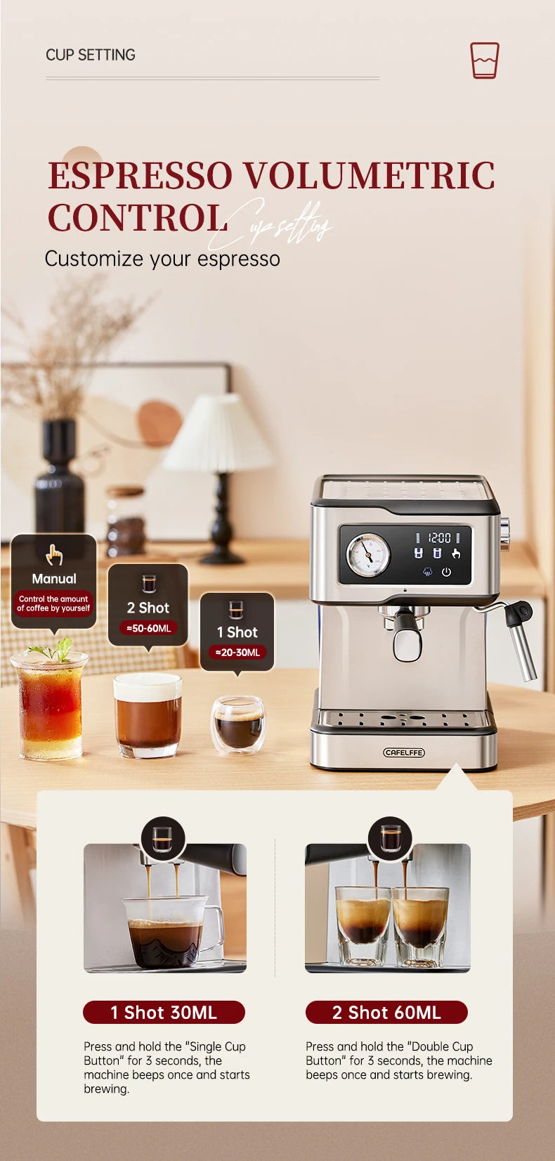 Cafelffe Espresso Machine 20Bar,Cappuccino Maker with Milk Frother Steam Wand,Coffee Maker,Semi-Automatic Cafetera present,Gift