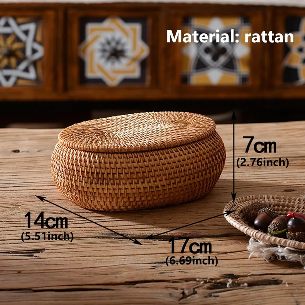 SEWS-Rattan Box Storage Baskets With Lid, Rattan Basket, Handwoven Round Woven Basket, Desktop Decorative Box For Home,Office