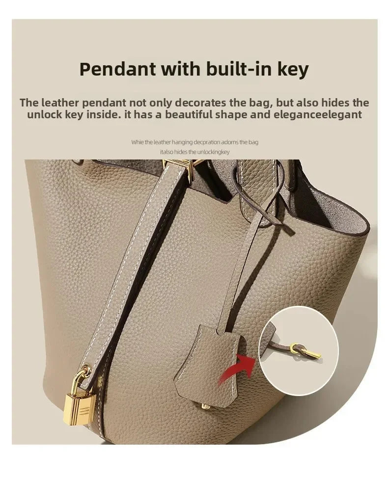 Women’s Leather Bucket Handbag A soft, stylish summer essential featuring a modern basket design with a convenient mobile phone pocket.