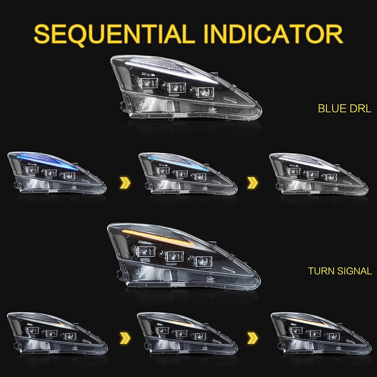LED Projector Headlights for Lexus IS250 (2006–2012) Includes daytime running lights for enhanced visibility. High-quality automotive upgrade for style and safety.