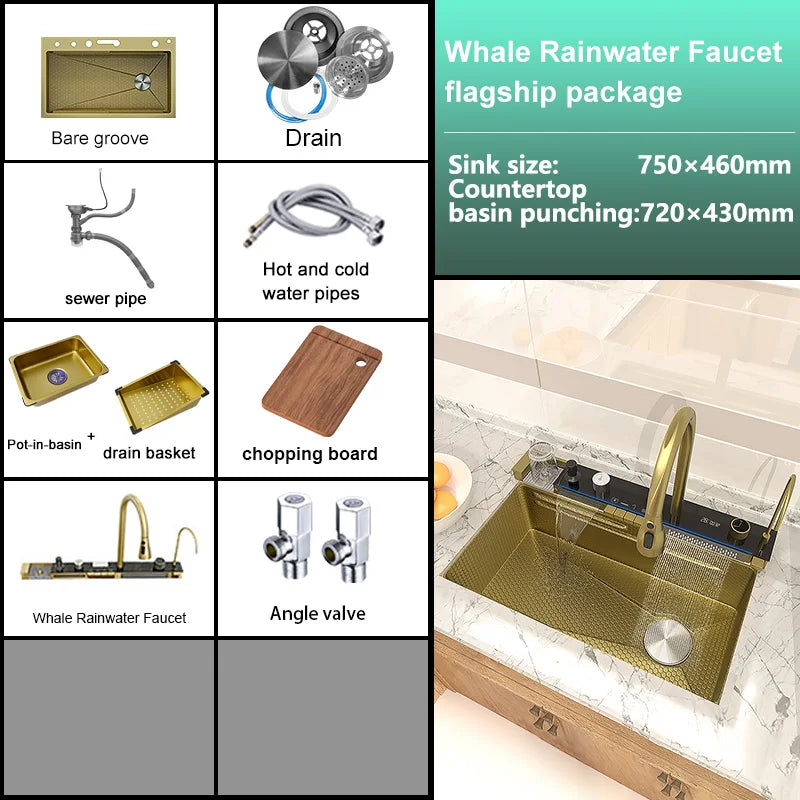 Extra Large Stainless Steel Waterfall Kitchen Sink Embossed Single Solt Digital Display Multifunctional Dishwashing Sink