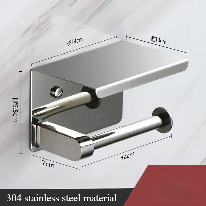 Toilet paper rack 304 stainless steel tissue holder, mobile phone rack, non-punching bathroom roll holder
