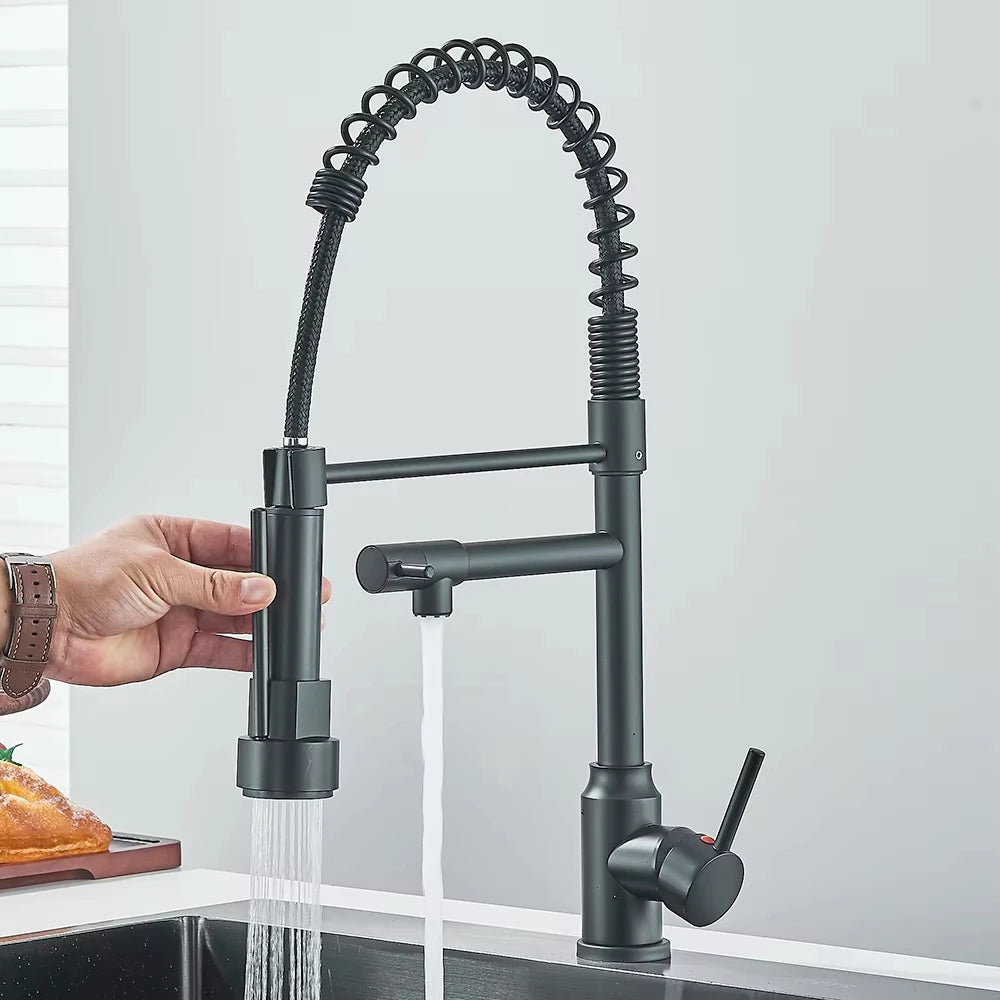 Grifo de cocina extraíble de resorte plateado/negro, mezclador monomando de agua fría y caliente, grifo de doble caño
