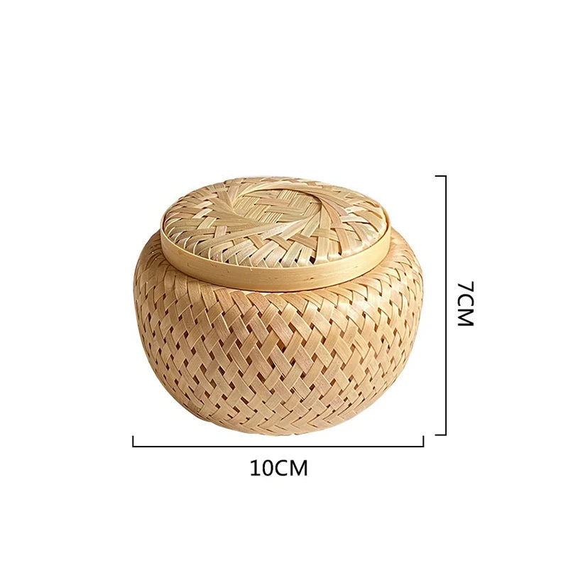 Bamboo Storage Basket With Lid Double Layer Handmade Woven Tea Basket Tabletop Storage Box for Tea Fruit Dried Fruit Snack Food