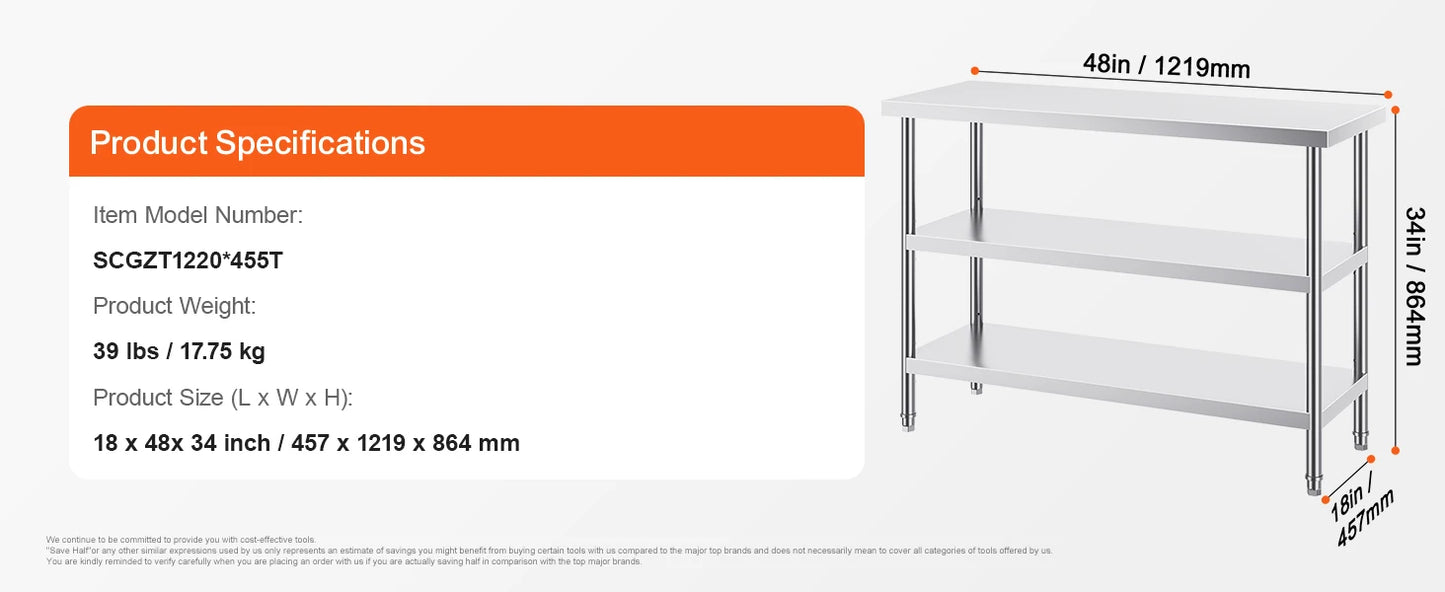 SucceBuy Stainless Steel Food Prep Table Commercial Kitchen Worktable with 2 Adjustable Undershelf for BBQ Kitchen Home Garage