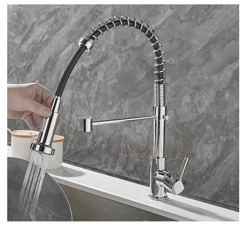 Brass kitchen sink faucet  360 degree rotating spring faucet  Single handle cold and hot mixed water tap
