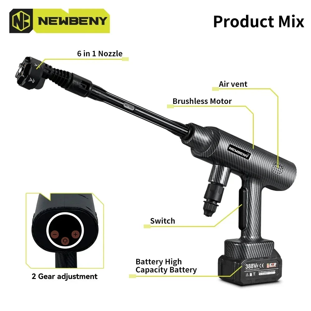 NEWBENY 6 IN 1 200Bar Brushless Electric Washer Cordless Efficient Car Garden Cleaning Power Tools For Makita 18-21V Battery Pin