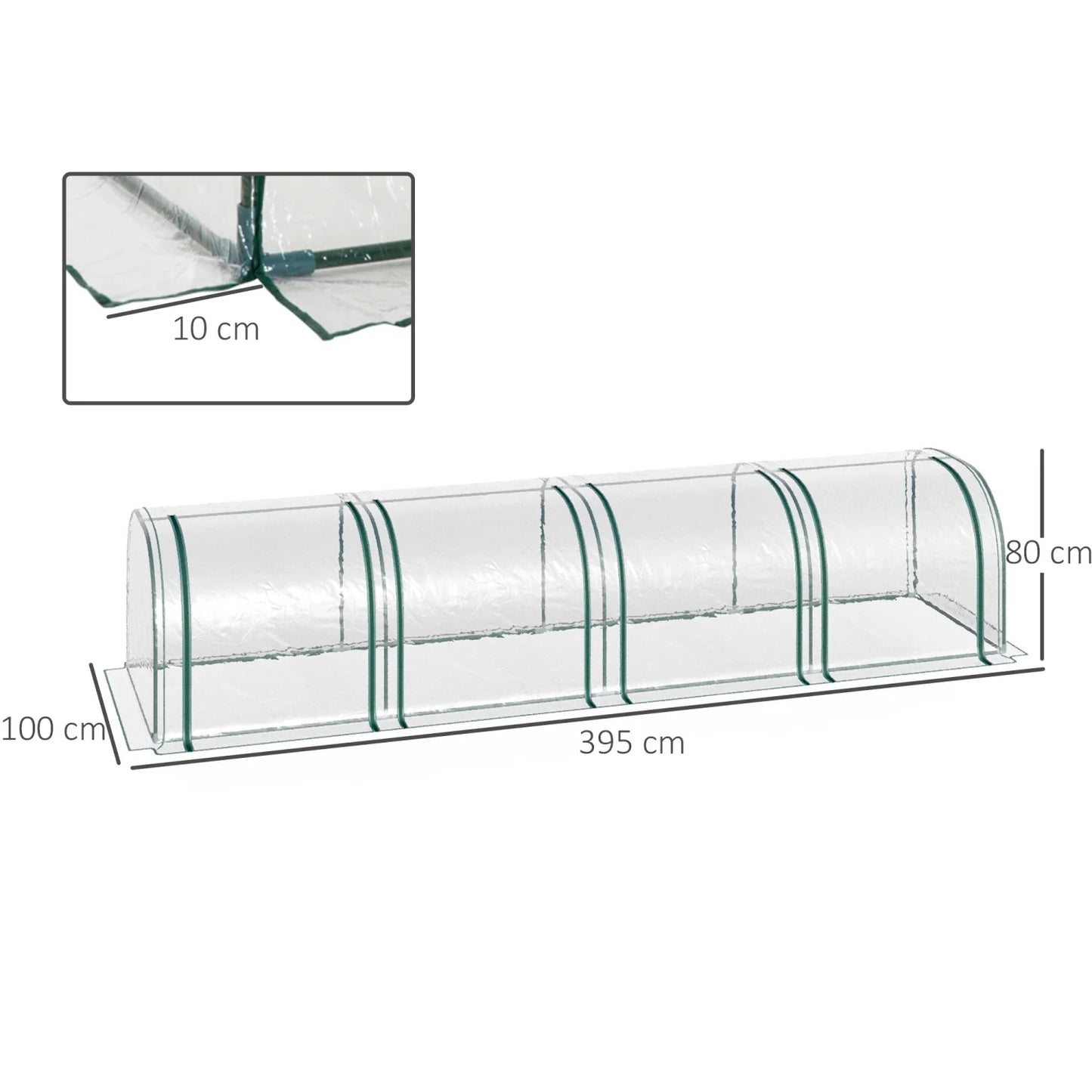 Outsunny Greenhouse With 4 Windows With Zipper, Steel Frame, Robust Tarpaulin, Transparent, 395 X 100 X 80cm