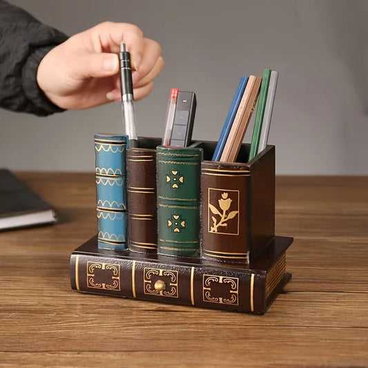 Vintage European Wooden Pen Holder - Creative Desk Organizer and Decorative Storage Box