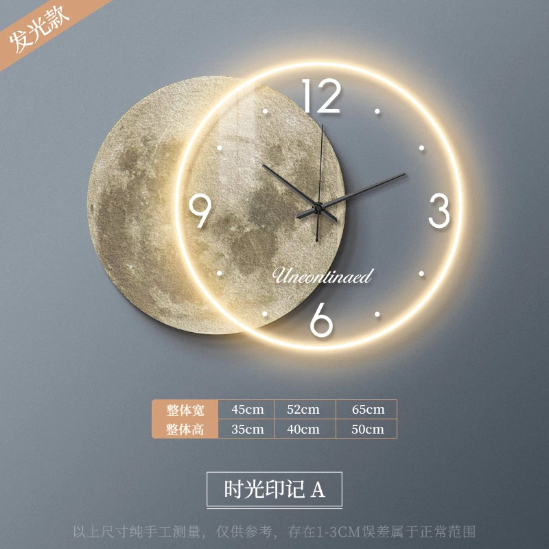 Adhesive Moon Wall Clock with LED Light No Drill Silent Modern Night Light for Living Room Dorm Kitchen Decoration