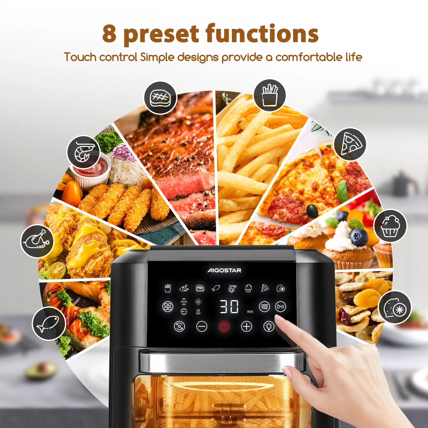 Aigostar Owen 12 Litre Air Fryer Multifunction 1700W LED Touch Screen 8 Preset Modes Includes 7 Accessories Rotary System BPA FR