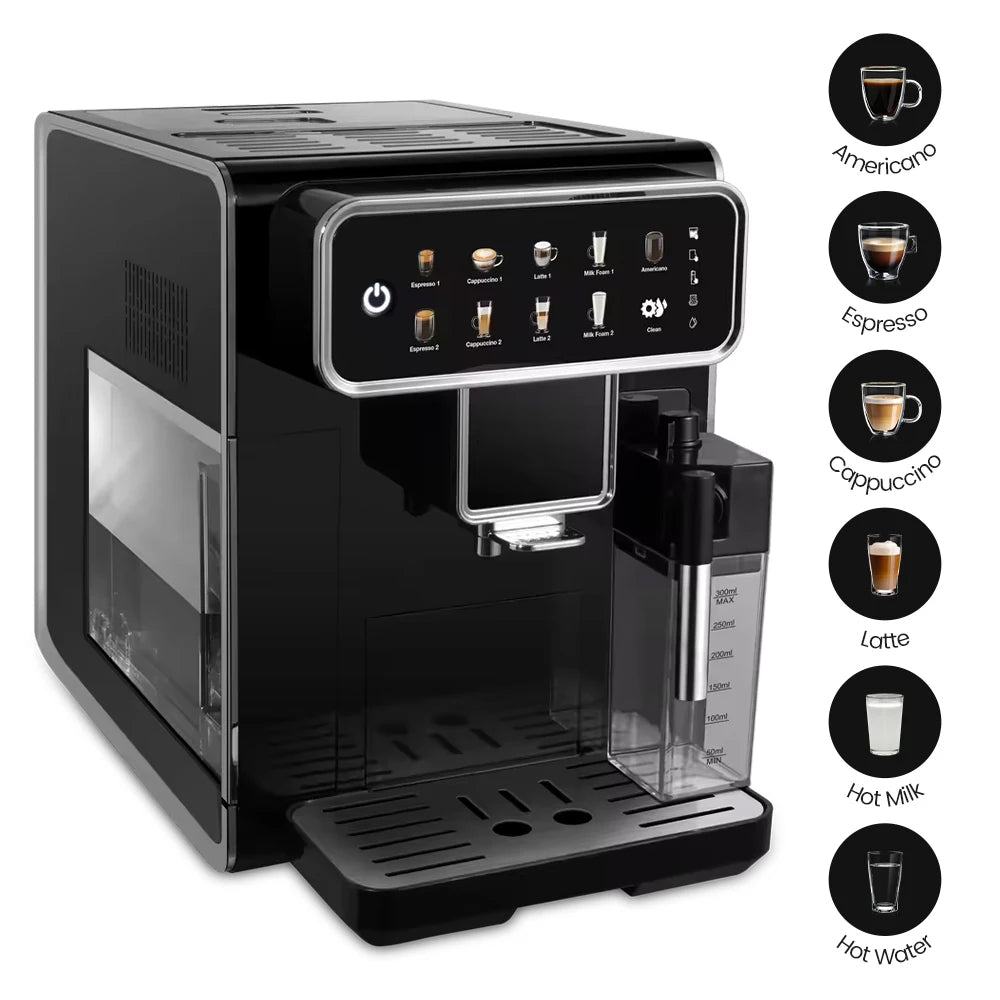 AM7203 Automatic Espresso Machine Features built-in milk frother and water tank, touchscreen control, and 7 coffee varieties. Perfect for easy, café-style drinks at home.