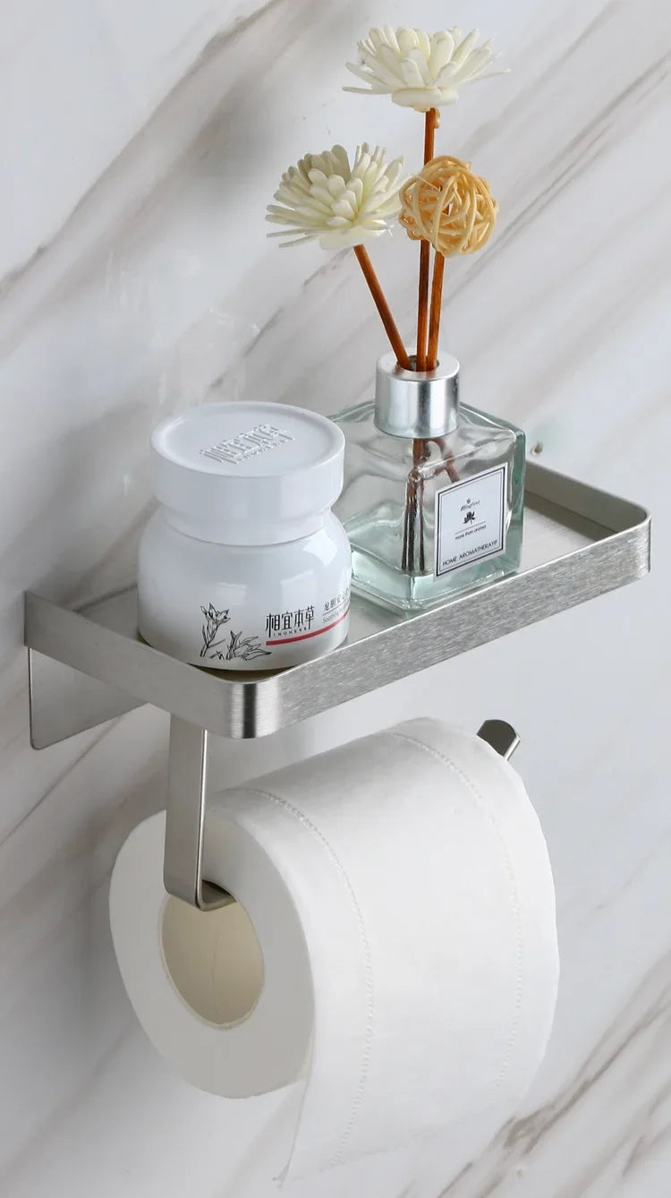 Toilet paper rack 304 stainless steel tissue holder, mobile phone rack, non-punching bathroom roll holder
