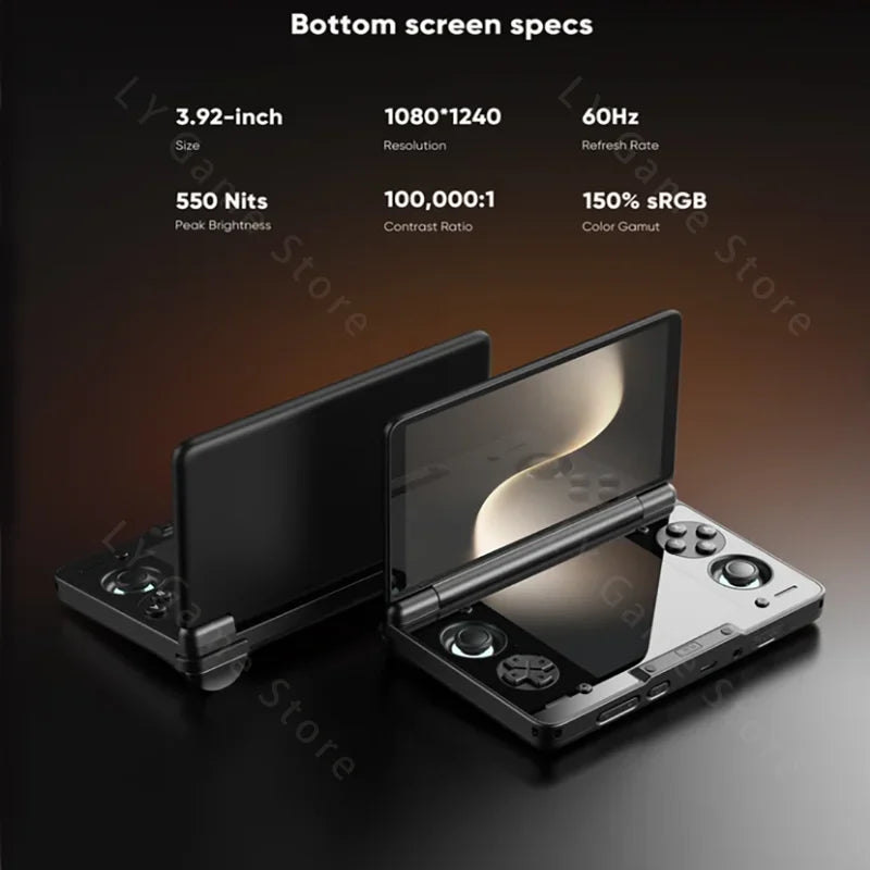 Thor 6” Handheld Gaming Console Dual OLED Screens Powered by Qualcomm Snapdragon CPU and Android 13, with a 6000mAh battery and hall stick controls for an immersive gaming experience on the go.
