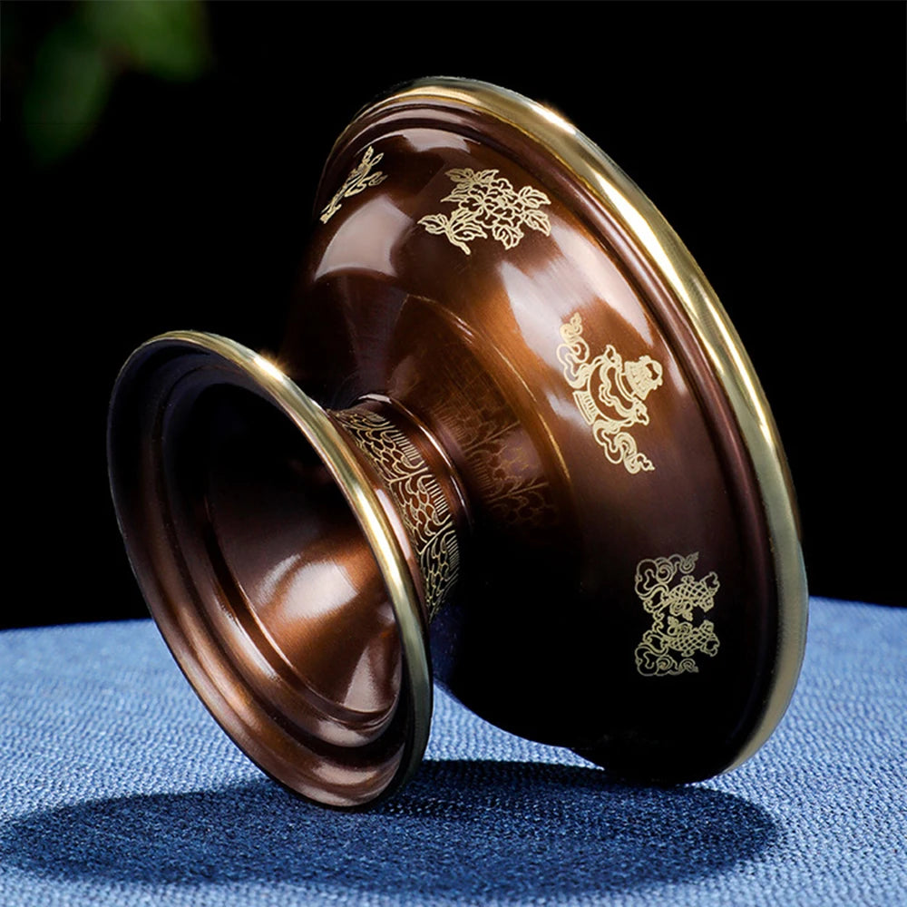 Pure copper Tibetan Tribute guardian cup, Eight-auspicious carved 2-layer Buddhism Holy water cup, Buddhist ornaments, 1 set