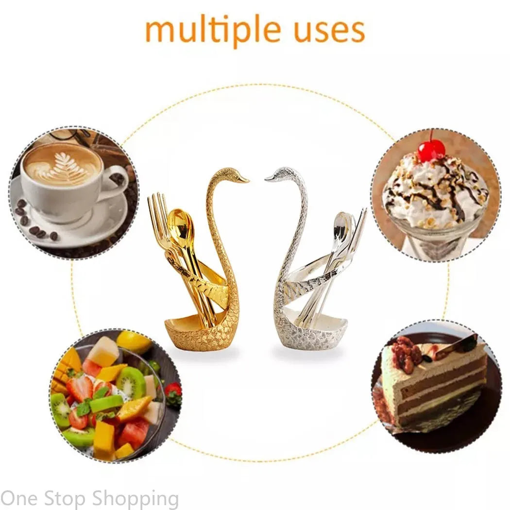 Creative Dinnerware Set Swan Base Holder Decorative Stainless Steel with 6 Spoons for Coffee Fruit Dessert Stirring Mixing