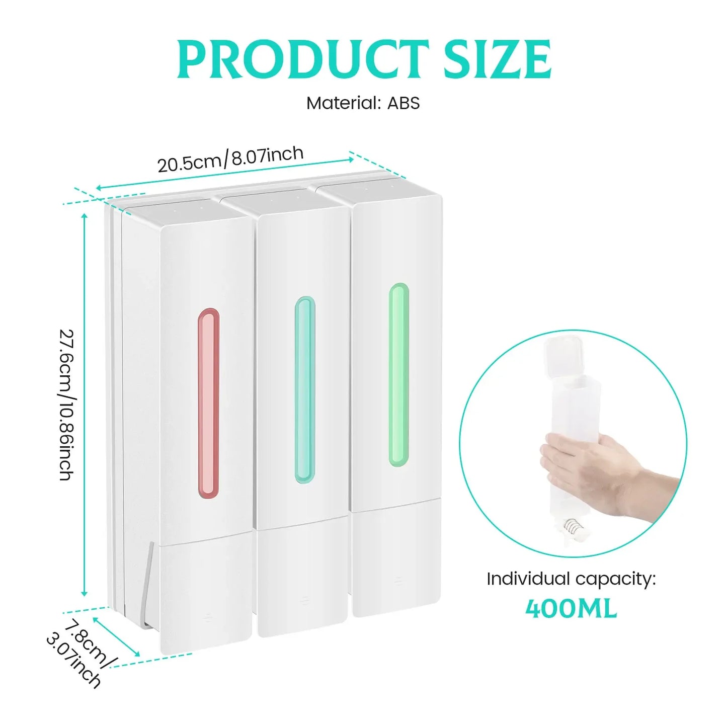400ML Soap Dispenser Wall Mounted 3 Chamber Shower Soap Dispenser Adhesive Shampoo Conditioner Dispenser Bathroom Accessories