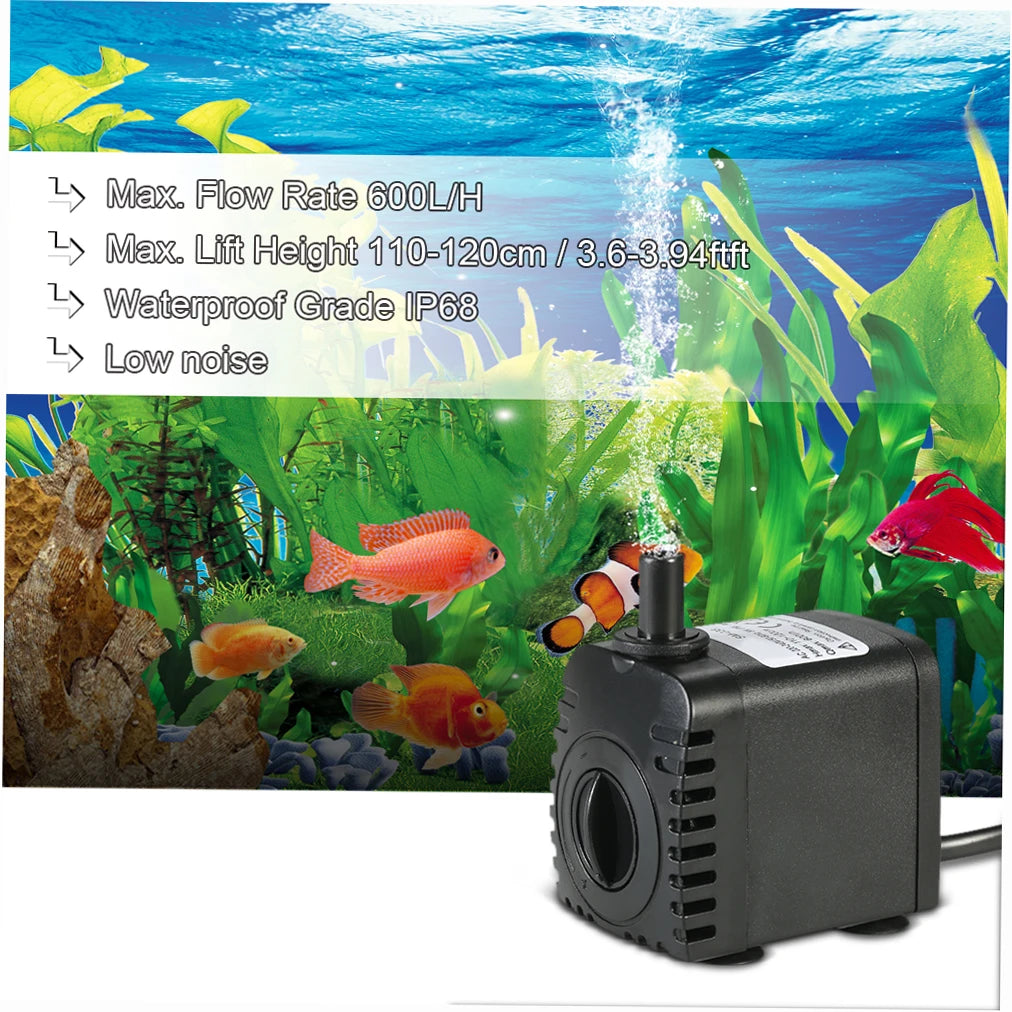 600L/H 8W Submersible Pond Water Pump for Aquarium Tabletop Fountains Pond Water Gardens and Hydroponic Systems with 2 Nozzles
