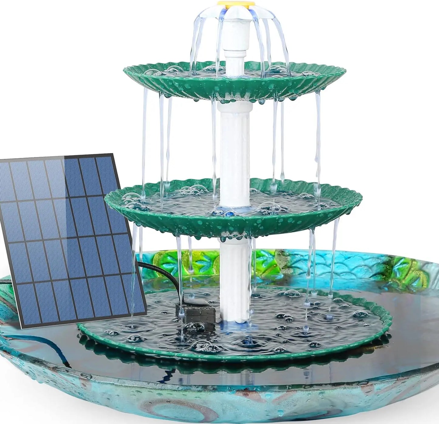 3-Tier Solar Bird Bath Fountain 3.5W solar pump, detachable 3-tier design. Attracts birds with flowing water – no wiring needed. Perfect garden & patio decor.