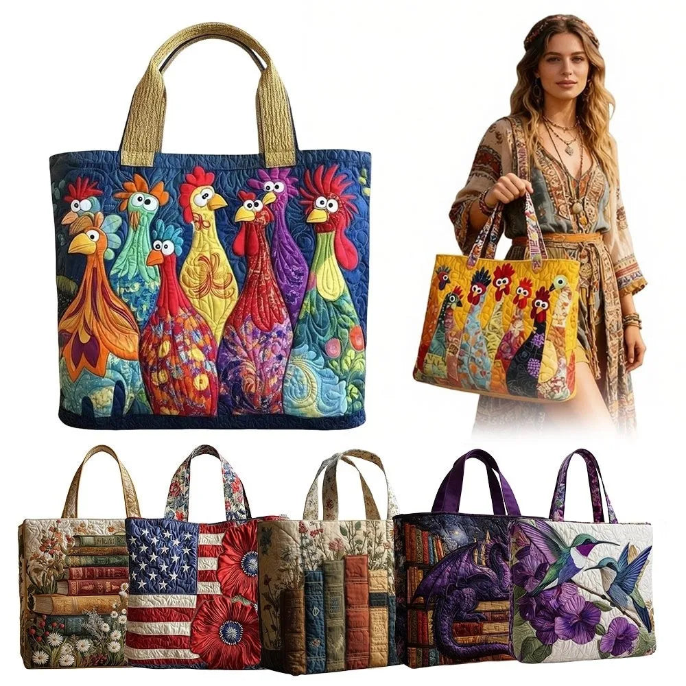 Trendy Vintage Quilted Tote Bag 3D Printed Patterns Large Capacity Travel Handbag Cotton Lightweight Canvas Bag Women Accessory