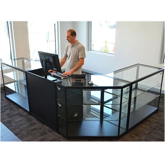 custom，L Shaped Aluminum Supermarket Retail Shop Turn Corner Glass Display Showcase Shopping Mall Lockable Display Cabinet Count