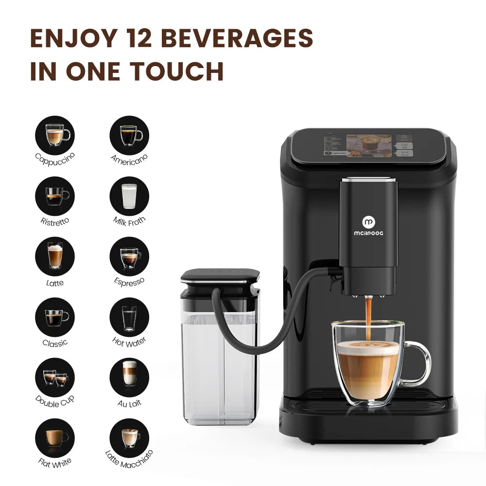 Mcilpoog WS-D5  Automatic Coffee Machine - Smart Wi-Fi , 12 Coffee Varieties, Touchscreen & Built-In Frother/1.5L Tank for Home
