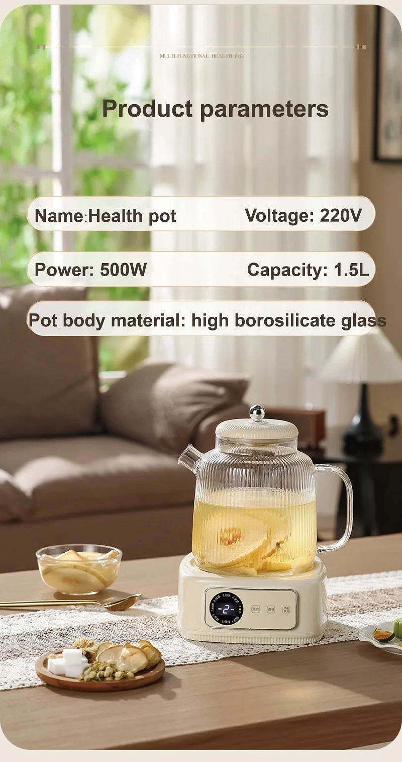 1.5L Health Kettle Temperature Adjust Glass Tea Maker MultiFunction Office Appointment Flower Teapot Portable Electric Hot Cup