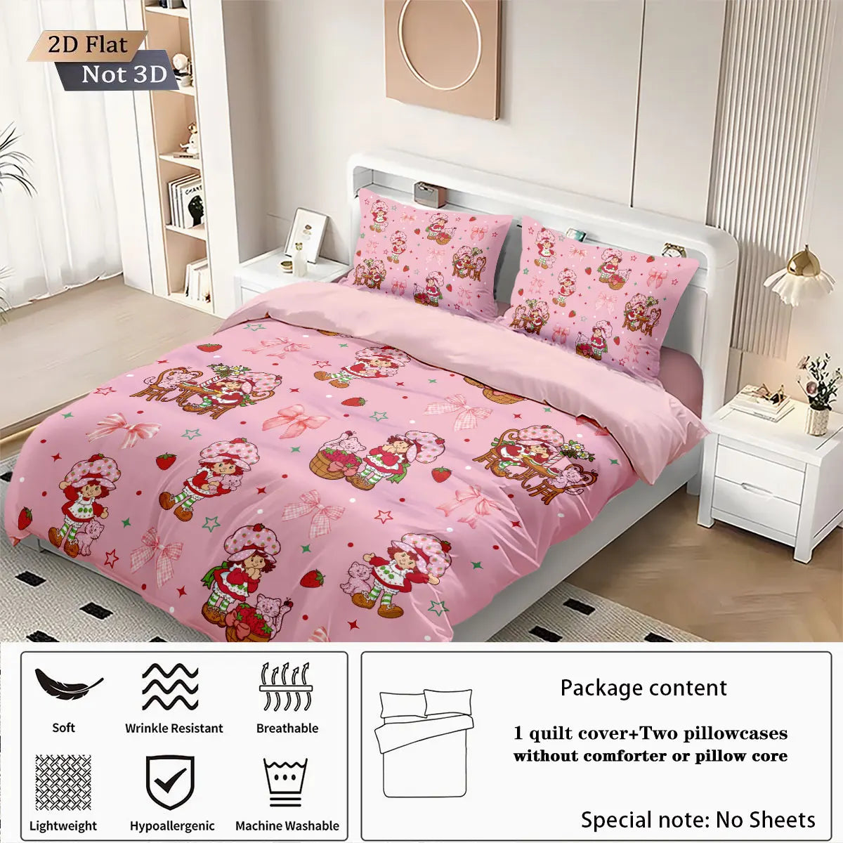 3pcs Pink Strawberry Girl Printed Down Duvet Cover Set, Multi Size Bedroom Bedding Decoration, Machine Washable