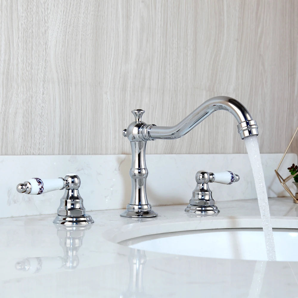 Bathroom Basin Faucet Set – Double-Handle Deck-Mounted
Includes 3-piece brass and chrome taps for hot and cold water. Stylish and durable mixer faucet set for bathtubs and sinks.