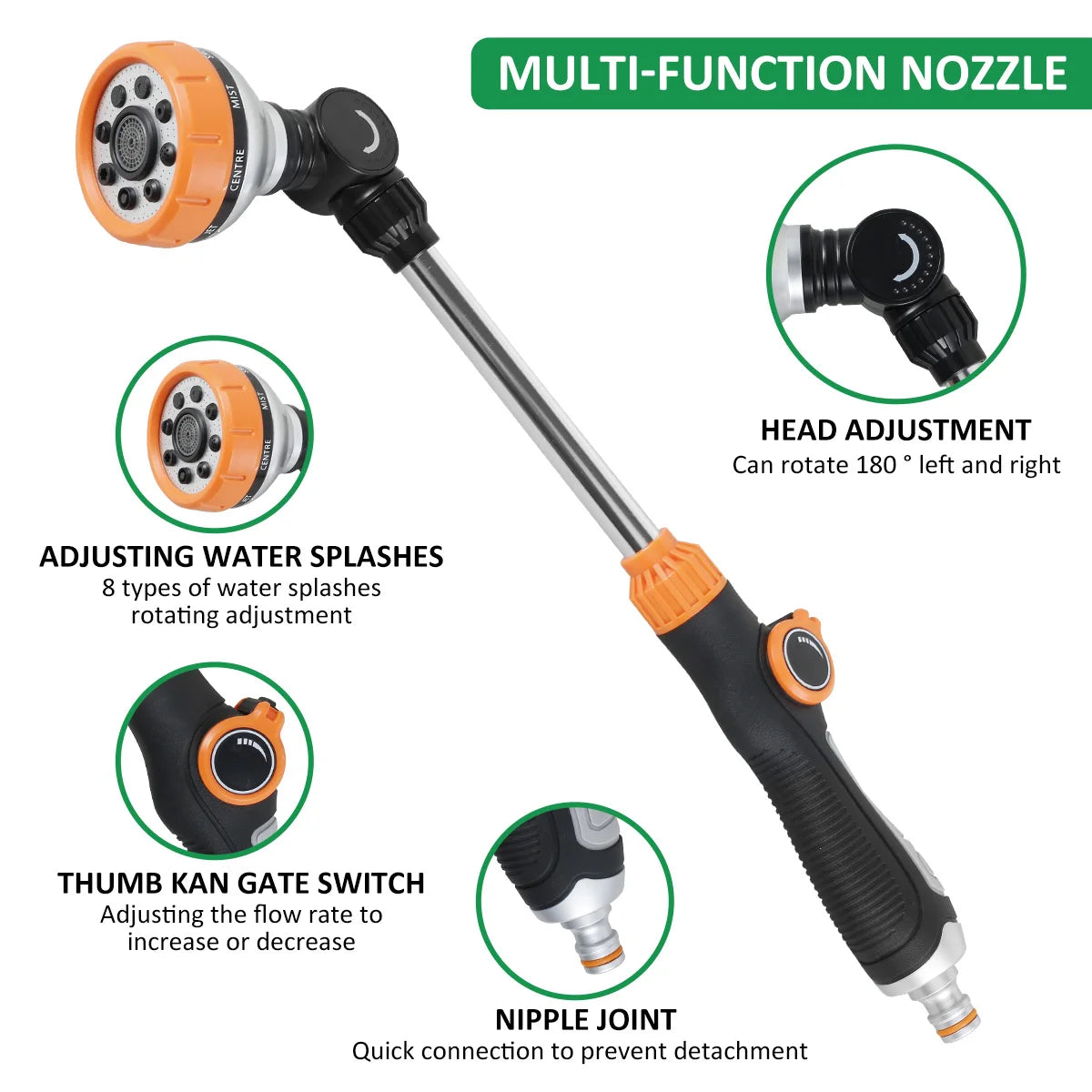 47cm Water Sprayer Nozzle Long Rod Garden Sprinkler with Adjustable Head 8 Spray Modes High Pressure Irrigation Hose Nozzle