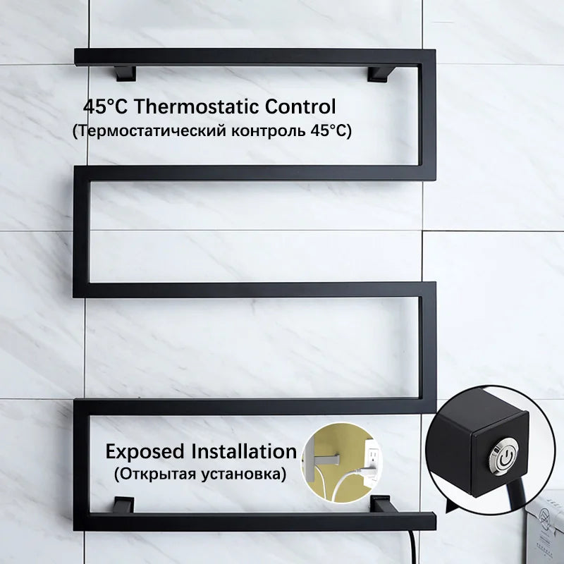 Black/Chrome Electric Towel Rack.Bathroom Electric Heated Towel Rail.Smart Towel Warmer.Creative Bath Towel Radiator.Hidden Wire
