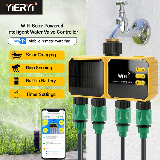 Solar WiFi 4-Zone Smart Water Timer
Solar-powered, app-controlled, 4 independent zones. Rain sensor auto-skips watering. IPX6 waterproof. Perfect for gardens & lawns.