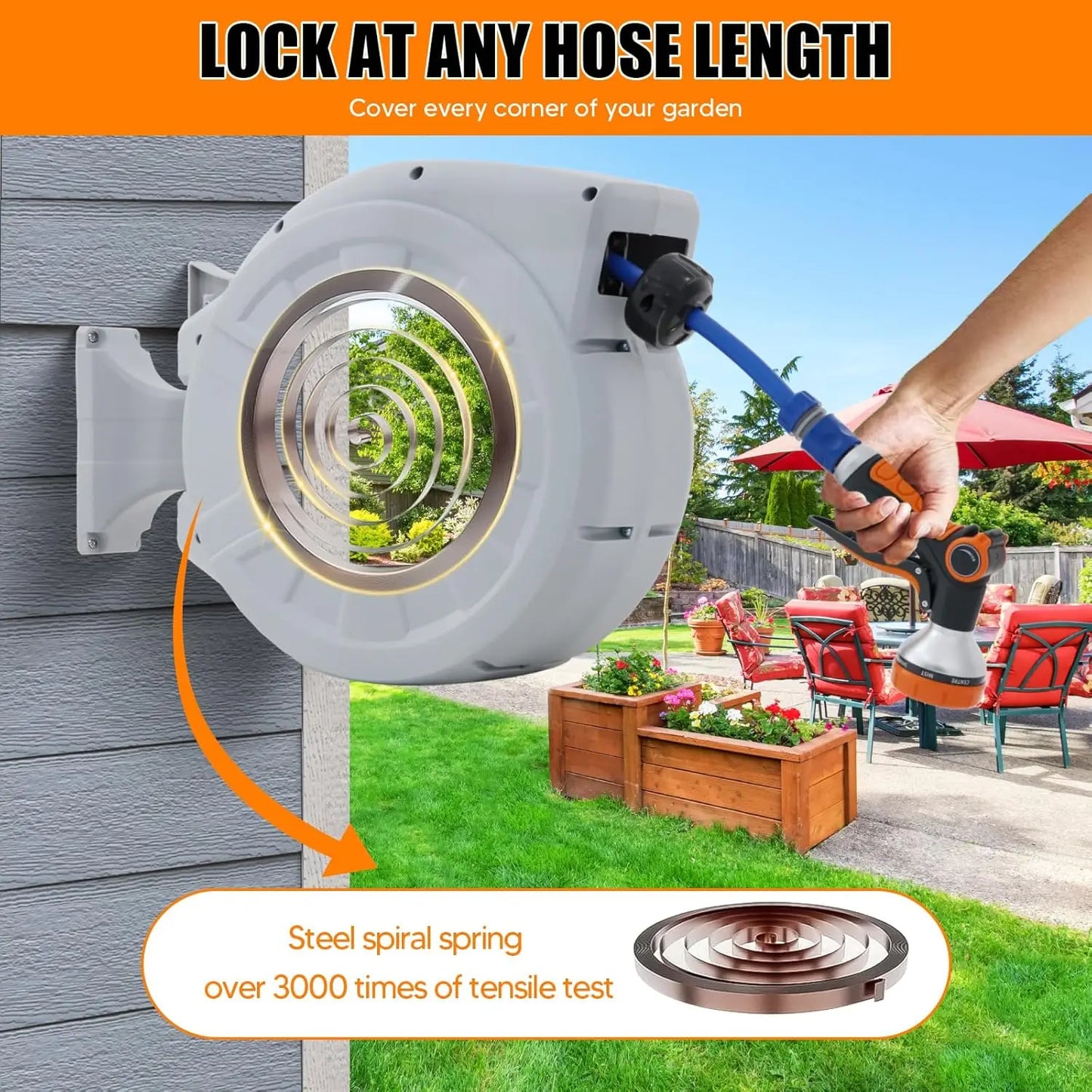 30M Wall-Mounted Garden Hose Reel with 8-Function Spray Gun
Features 180° swivel, 2 nozzle options, and automatic rewind for easy storage and convenient watering.