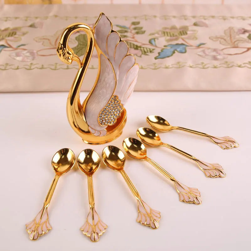 Creative Dinnerware Set Swan Base Holder Decorative Stainless Steel with 6 Spoons for Coffee Fruit Dessert Stirring Mixing