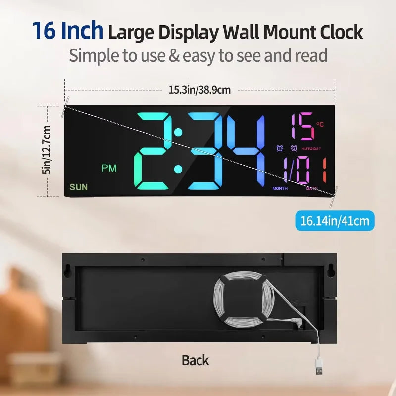 16.2'' Large Digital Wall Clock with Remote Control Big LED/Dual Alarm/8 RGB Colors Alarm Electronic Watch