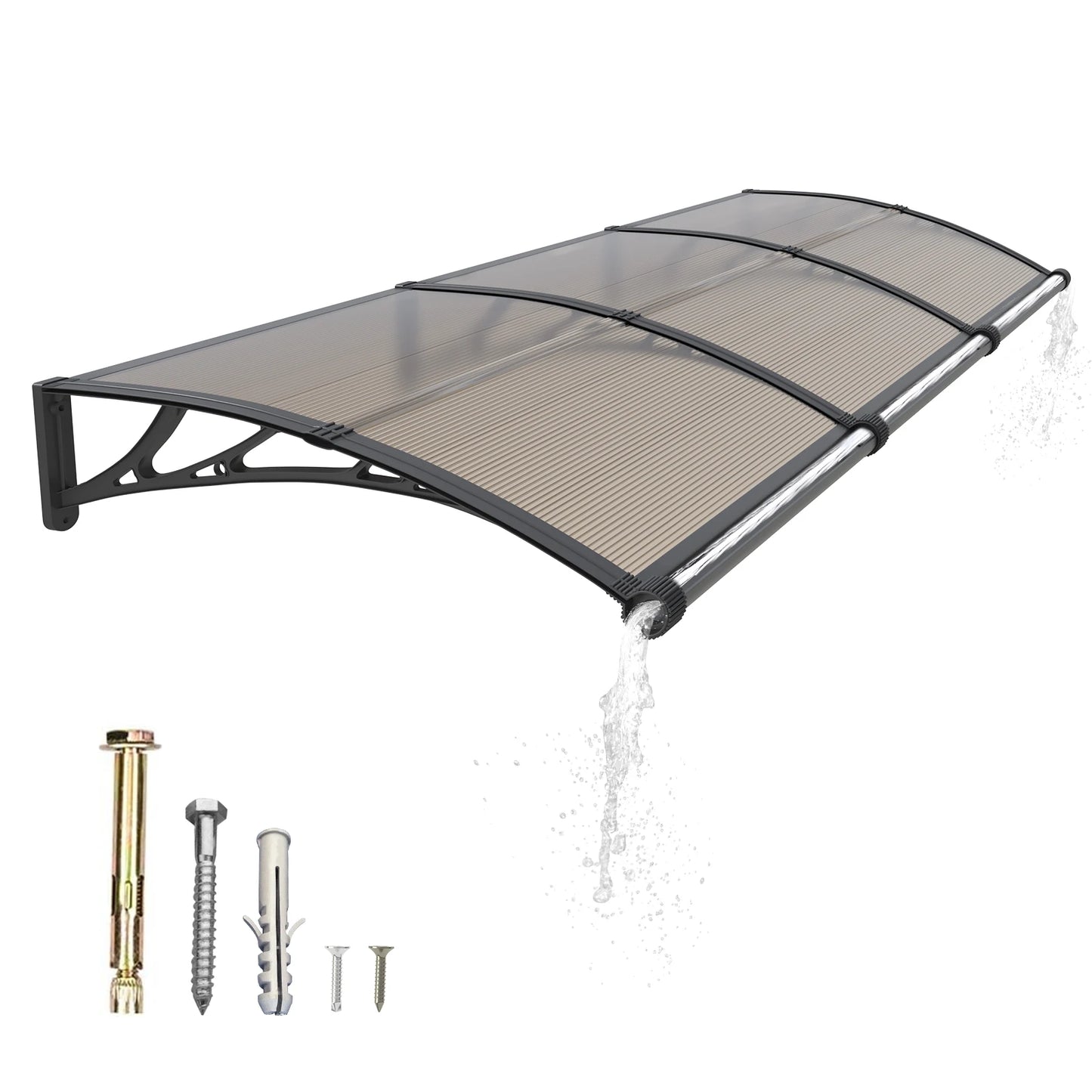 Large Polycarbonate Gutter Awning for Door Entrance Sun Shade and Rain Snow Protection Canopy for Patios and Yards Brown Board