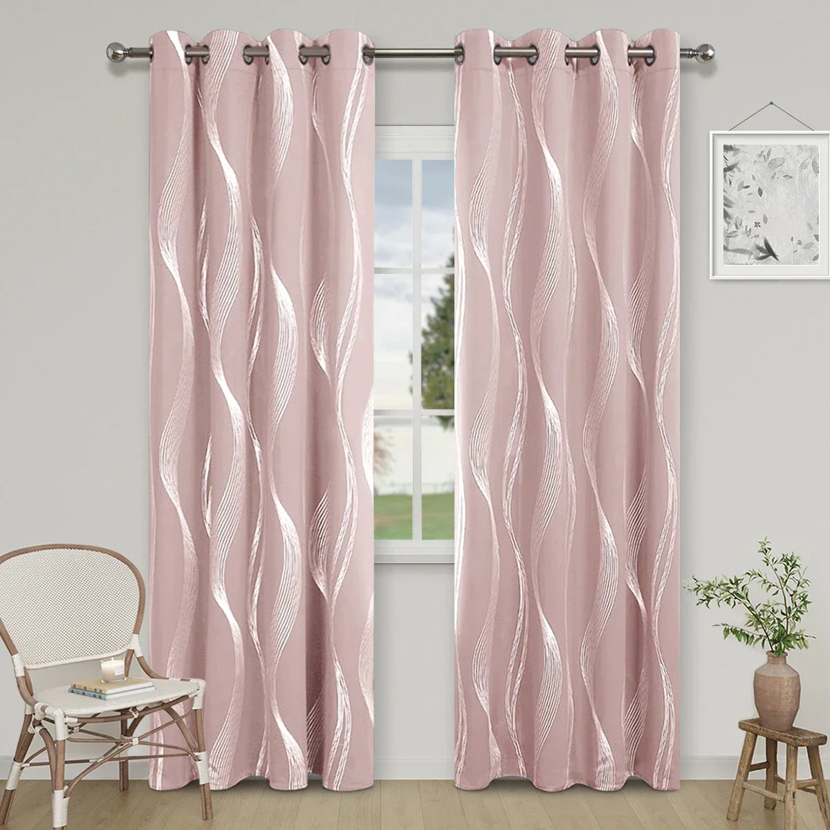 1pc High Precision Silver Embossed Wave Pattern Blackout Curtain, window Curtains for living room bedroom kitchen home decor