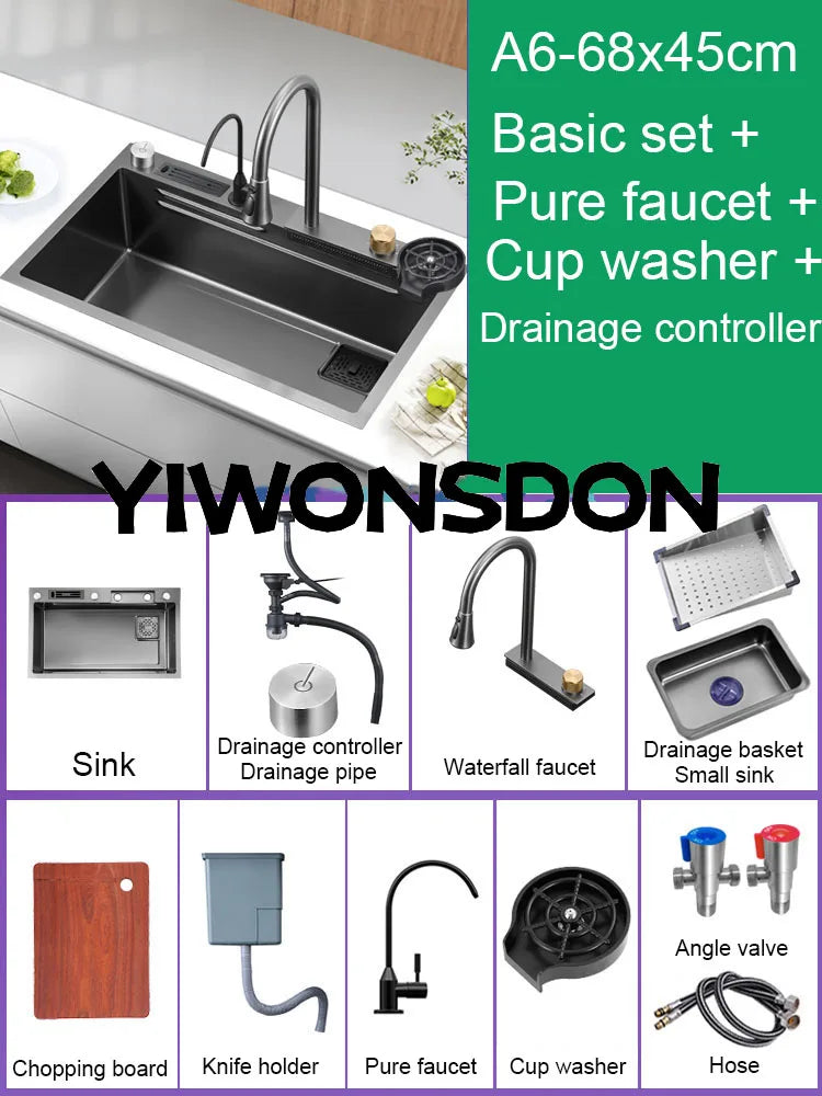Multifunction Black Nano Kitchen Sink Waterfall Faucet Large Single Bowl Cup Washer Pure Tap Soap Dispenser 304 Stainless Steel