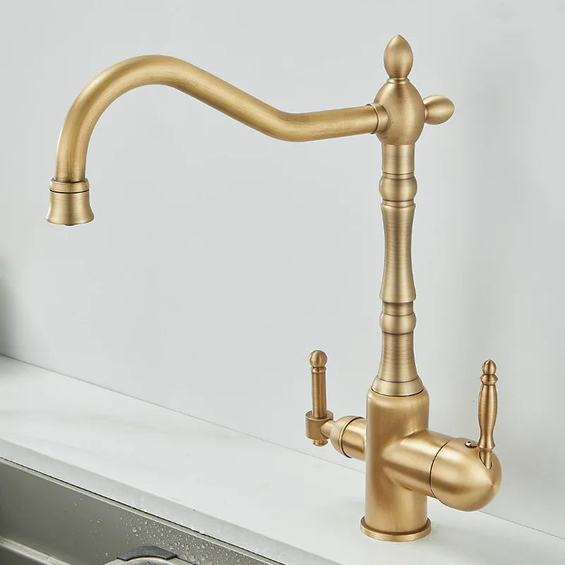 Brass antique light luxury three-in-one pure water faucet household sink wash basin hot and cold water faucet splash-proof E1489