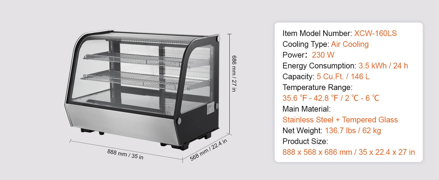 SucceBuy 3.5/4.2/5/9.8 cft Refrigerated Display Case Large Commercial Pastry Display Refrigerator with LED Lighting for Bakery