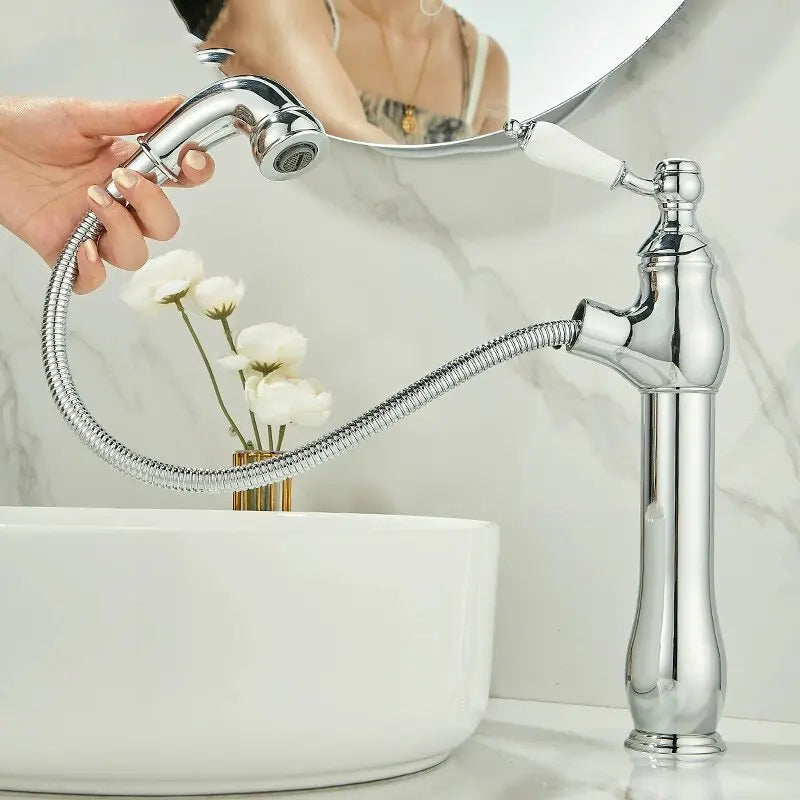 Gold Bathroom Ceramic handle Basin Faucets Pull Out Mixers Sink Faucet Washbasin Taps Water Tap Tapware Crane Brass Material