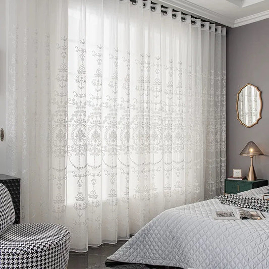 European Embroidery Lace White Sheer Curtain For Living Room Bedroom, Dust-Proof Partition Tulle Curtain,Home Window Curtains