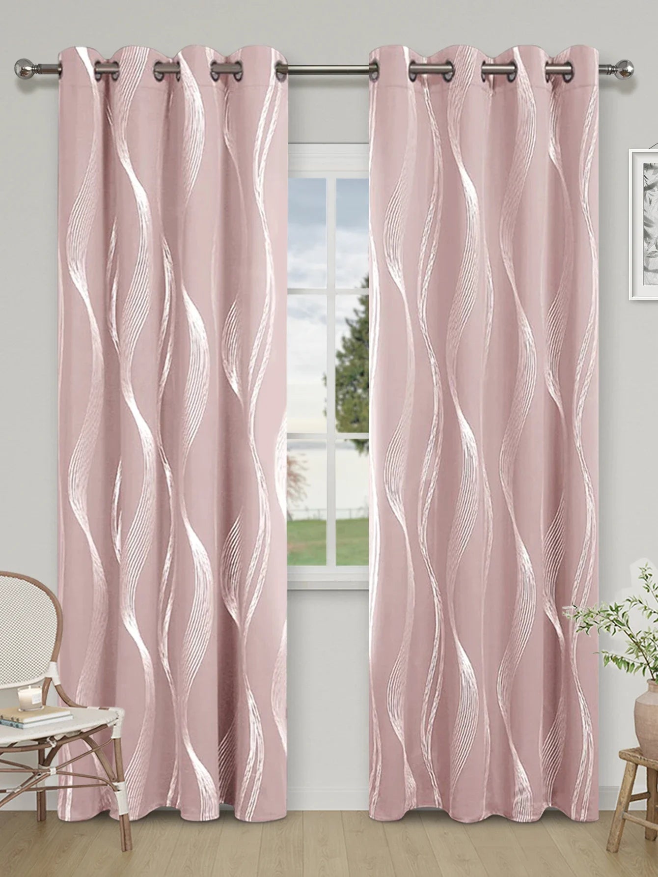 1pc High Precision Silver Embossed Wave Pattern Blackout Curtain, window Curtains for living room bedroom kitchen home decor