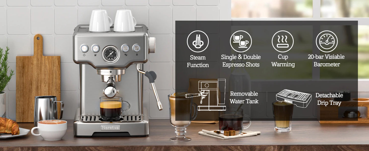 Neretva 15 Bar Espresso Machine with Milk Frother Steam Wand for Cappuccino, Latte, Macchiato, 1450W （220V）