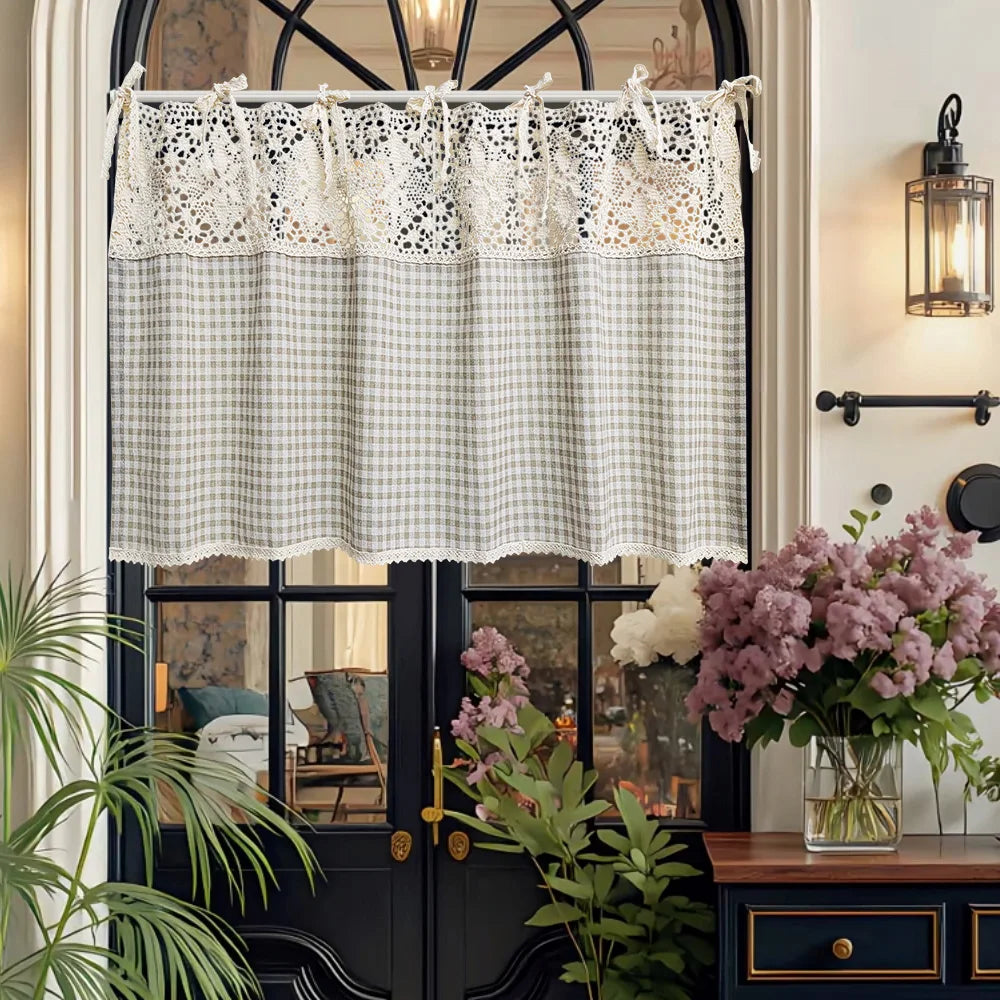 American Crochet Hollow Flower Splicing Checked Short Curtain for Kitchen Small Window Rustic Window Decoration Tie Cafe Curtain
